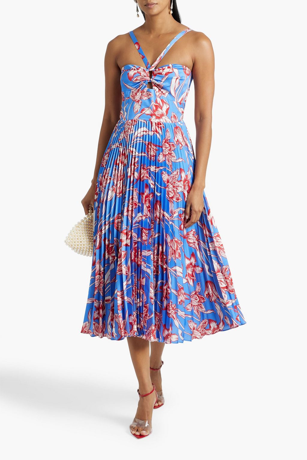 ML MONIQUE LHUILLIER Pleated floral-print satin midi dress