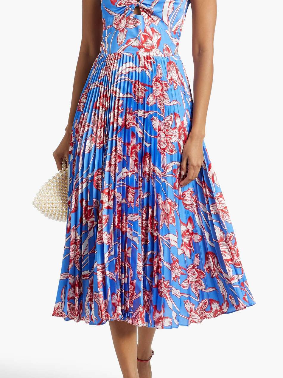 pleated floral-print satin midi dress