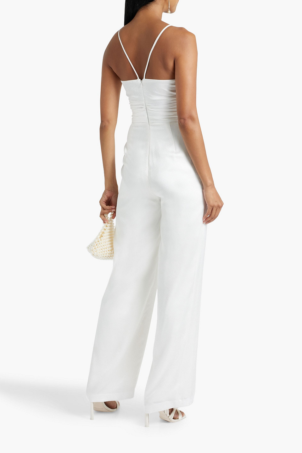 Shop ml Monique Lhuillier Ruched Hammered-satin Wide-leg Jumpsuit In Ivory