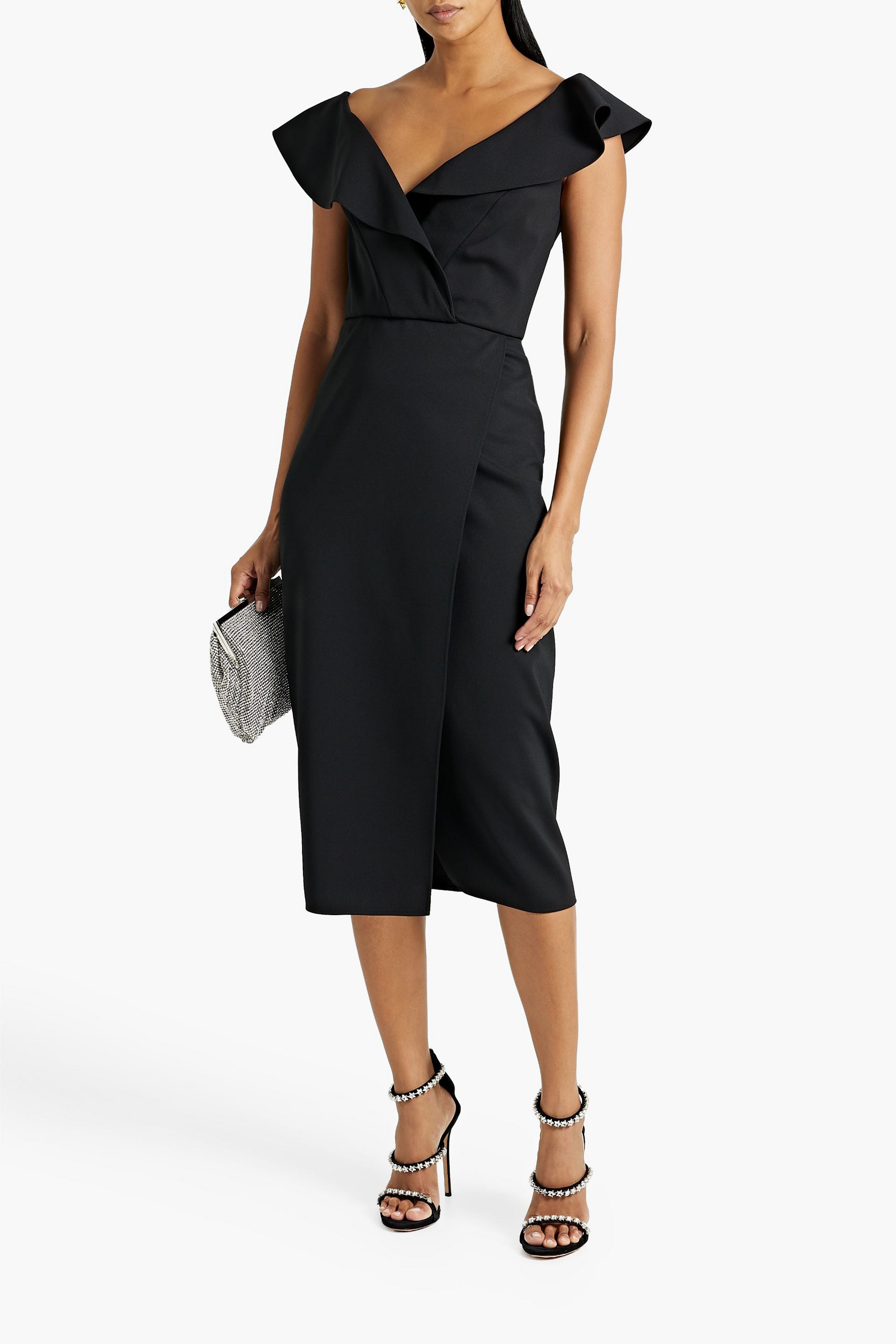 Oscar de la Renta Wrap-effect ruffled grain de poudre midi dress