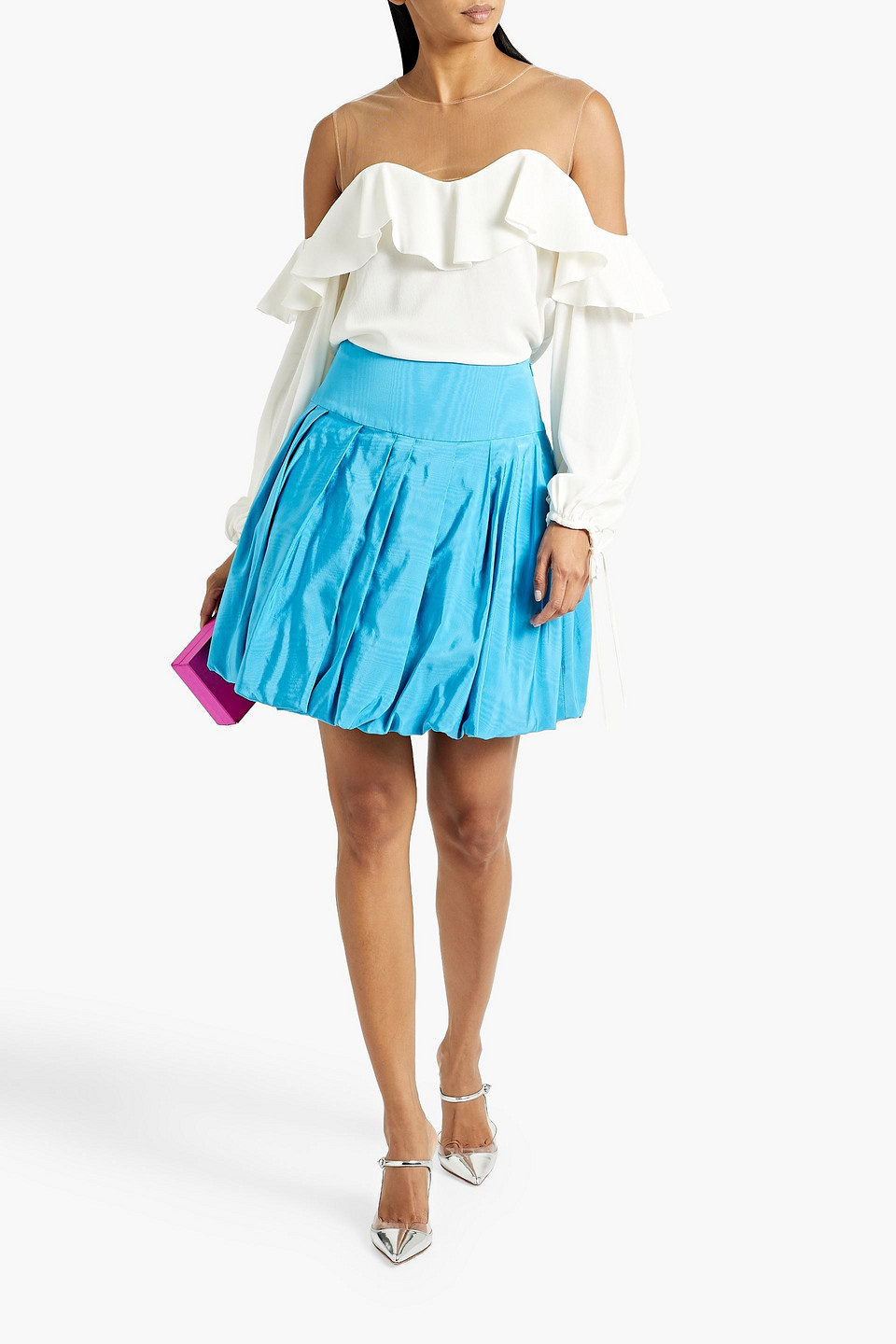 Shop Oscar De La Renta Pleated Cotton-blend Moire Mini Skirt In Turquoise