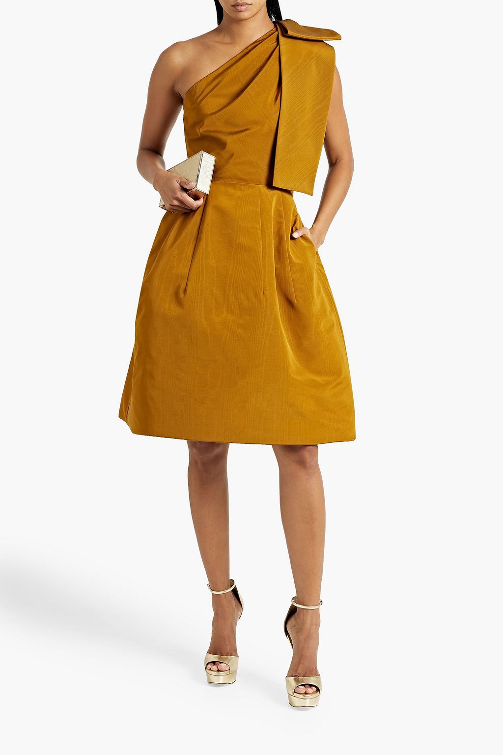 OSCAR DE LA RENTA One-shoulder bow-embellished cotton-blend moire dress
