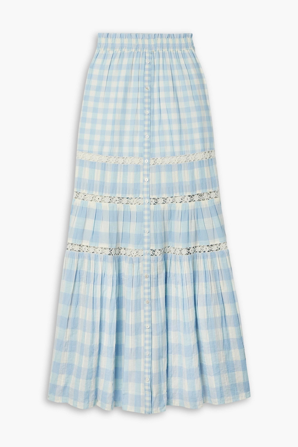 Loveshackfancy Bellarose Crochet-trimmed Gingham Cotton-voile Maxi Skirt In Light Blue