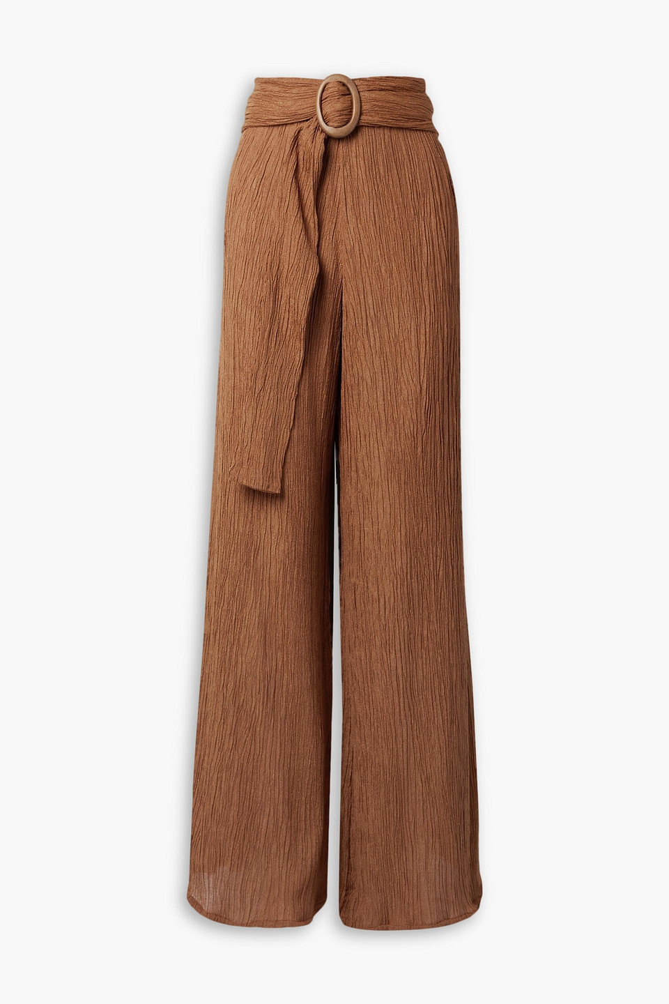 Savannah Morrow Tayen Belted Crinkled Bamboo And Silk-blend Wide-leg Pants In Brown