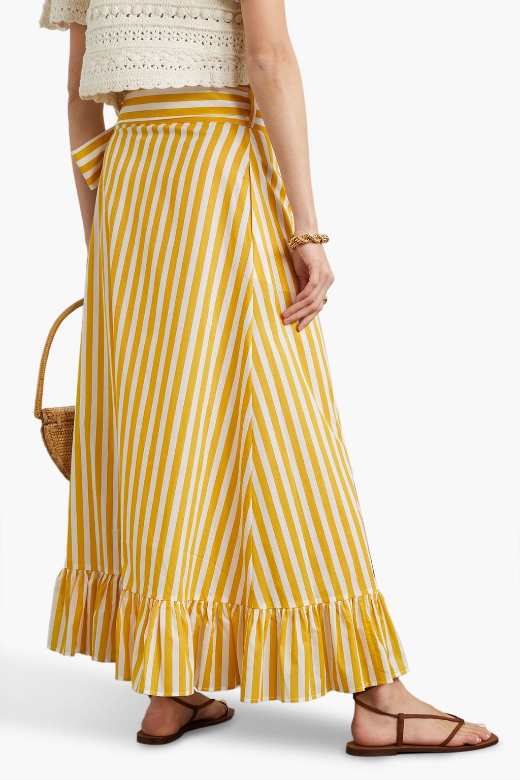 LORETTA CAPONI Lou ruffled striped cotton-poplin maxi wrap skirt