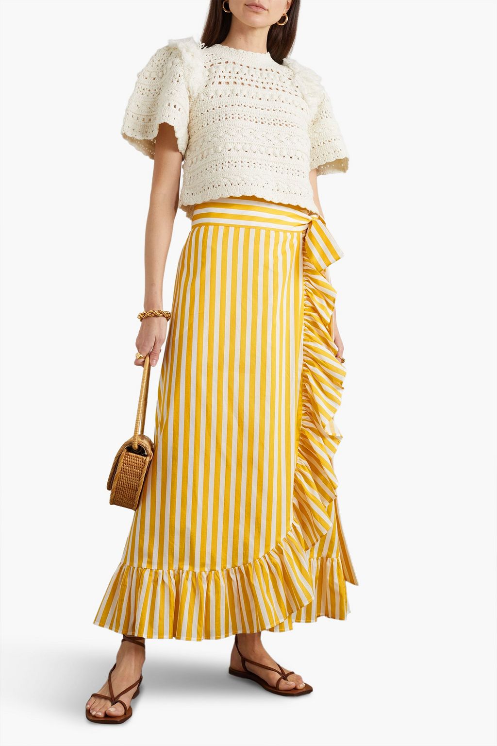LORETTA CAPONI Lou ruffled striped cotton-poplin maxi wrap skirt
