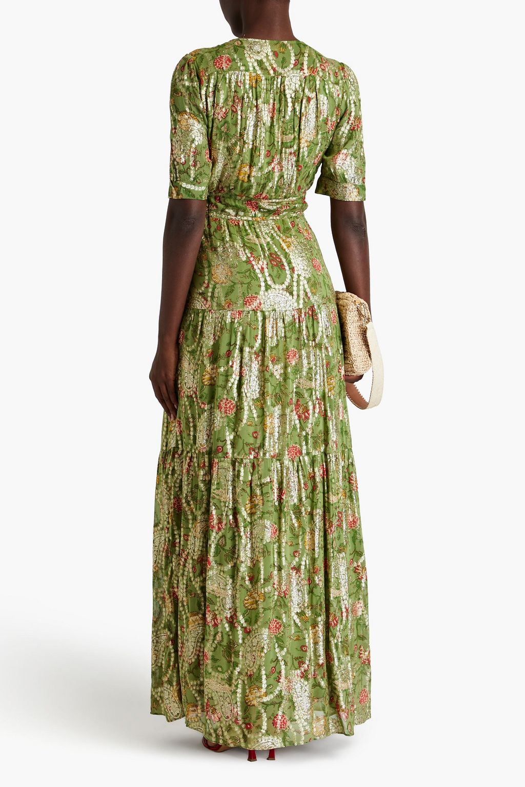 BA&SH Gathered floral-print metallic fil coupé midi wrap dress