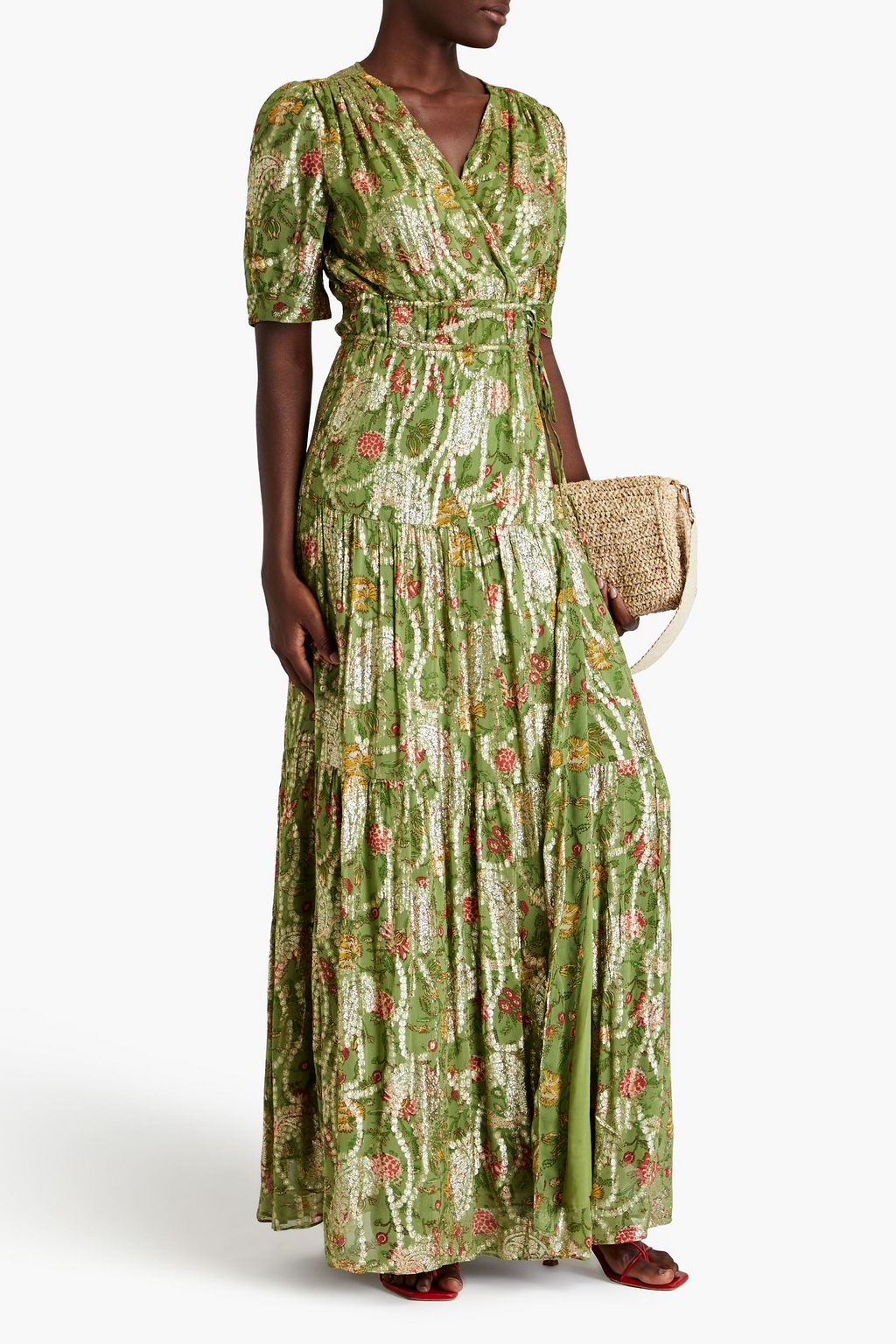 BA&SH Gathered floral-print metallic fil coupé midi wrap dress