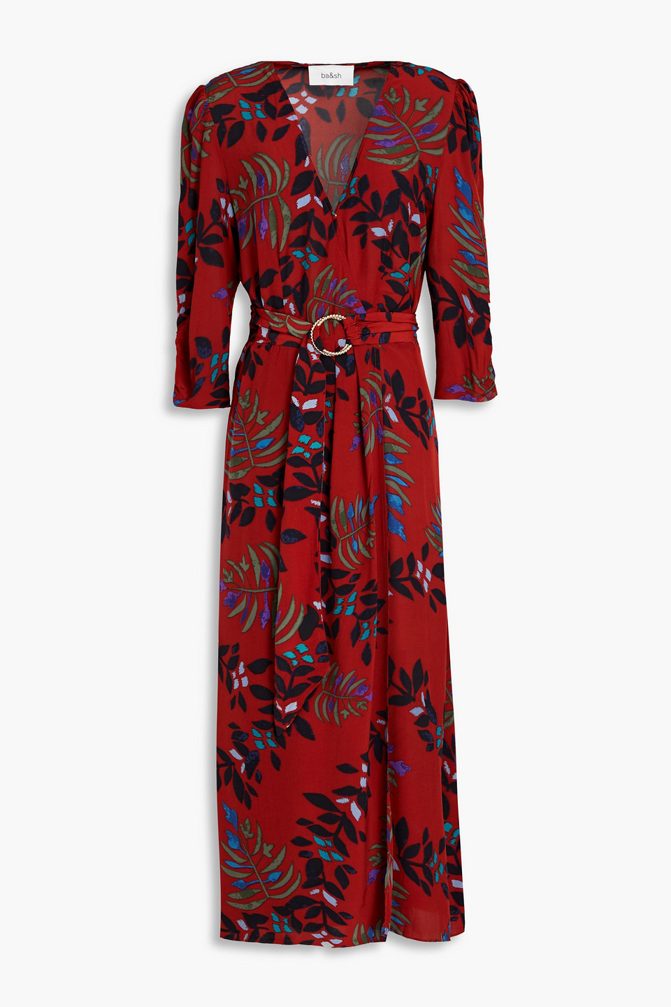 Ba&sh Crissy Belted Floral-print Satin Midi Wrap Dress In Brick
