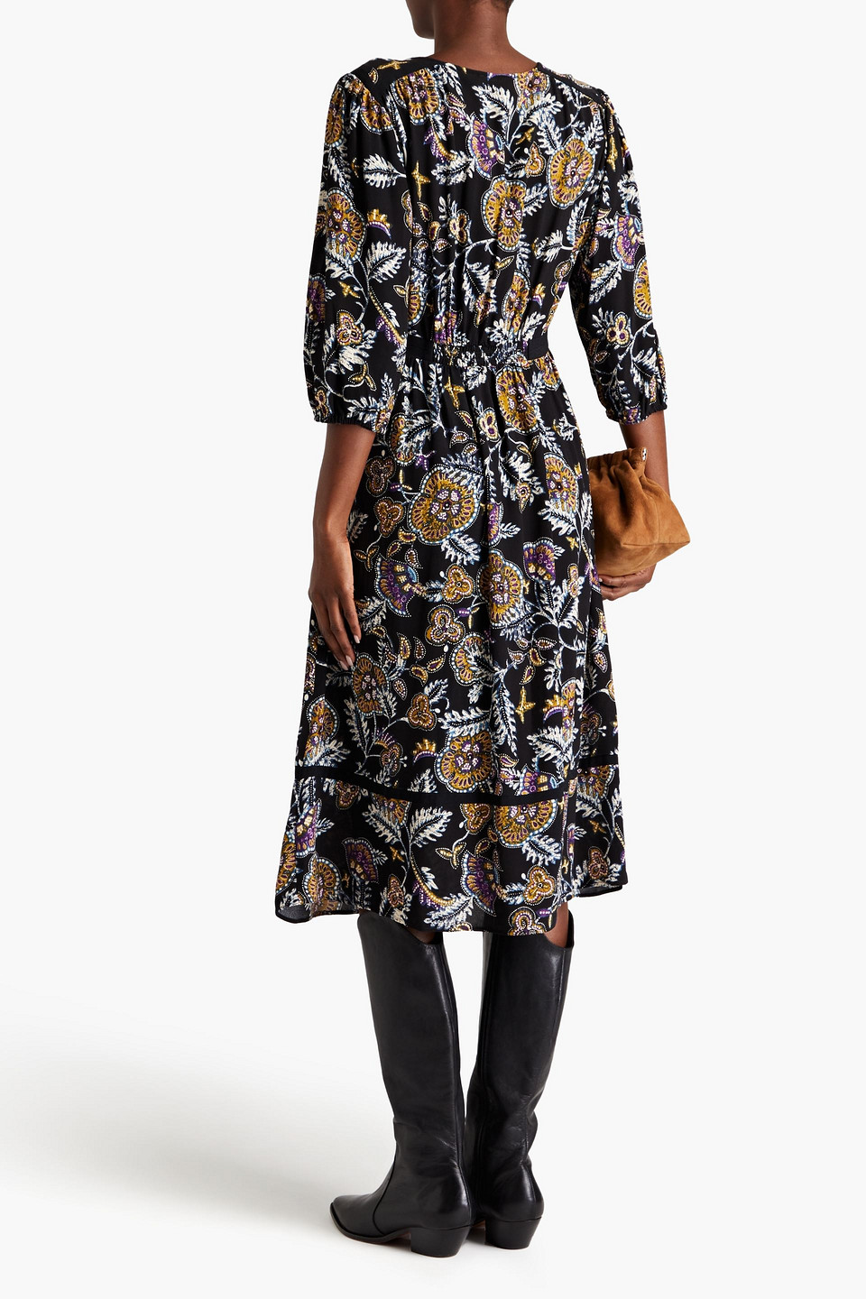 Shop Ba&sh Vienne Gathered Printed Crepe Midi Dress In Black