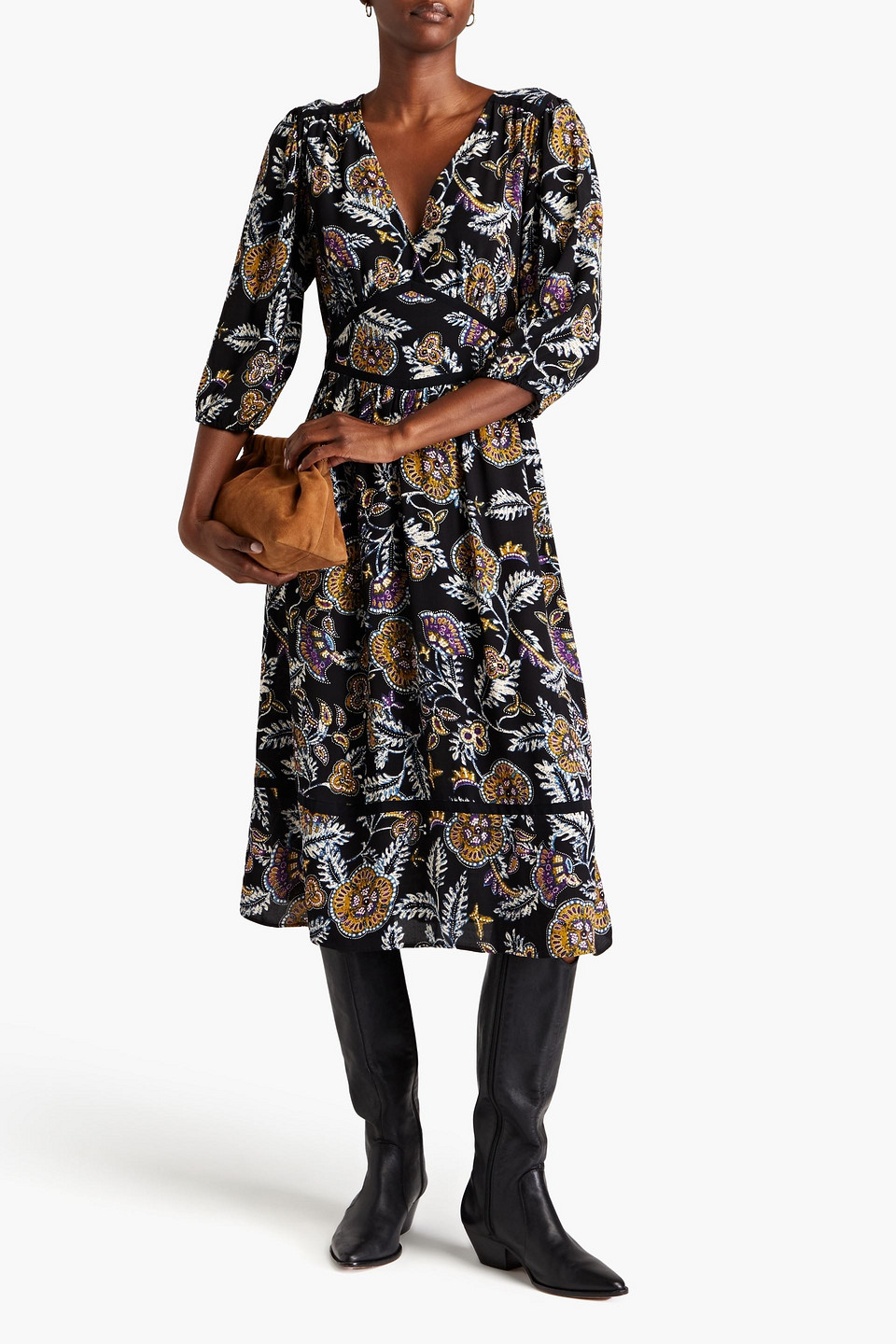 Shop Ba&sh Vienne Gathered Printed Crepe Midi Dress In Black