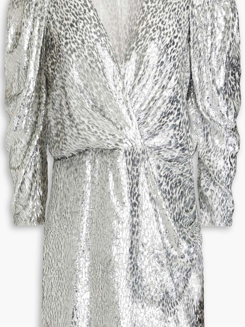 divina wrap-effect metallic fil coupé chiffon mini dress