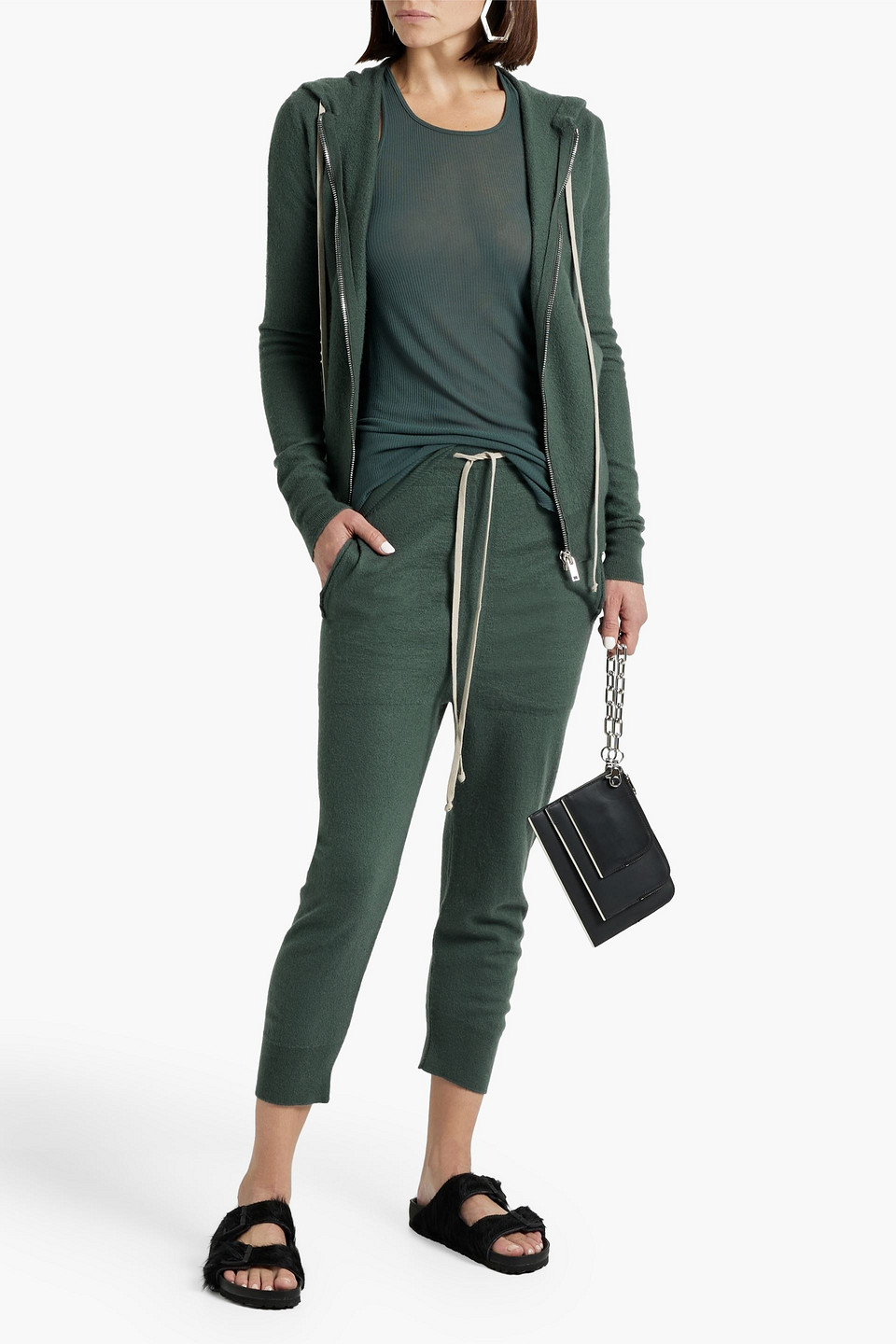 Shop Rick Owens Cropped Brushed Cashmere Track Pants In Emerald