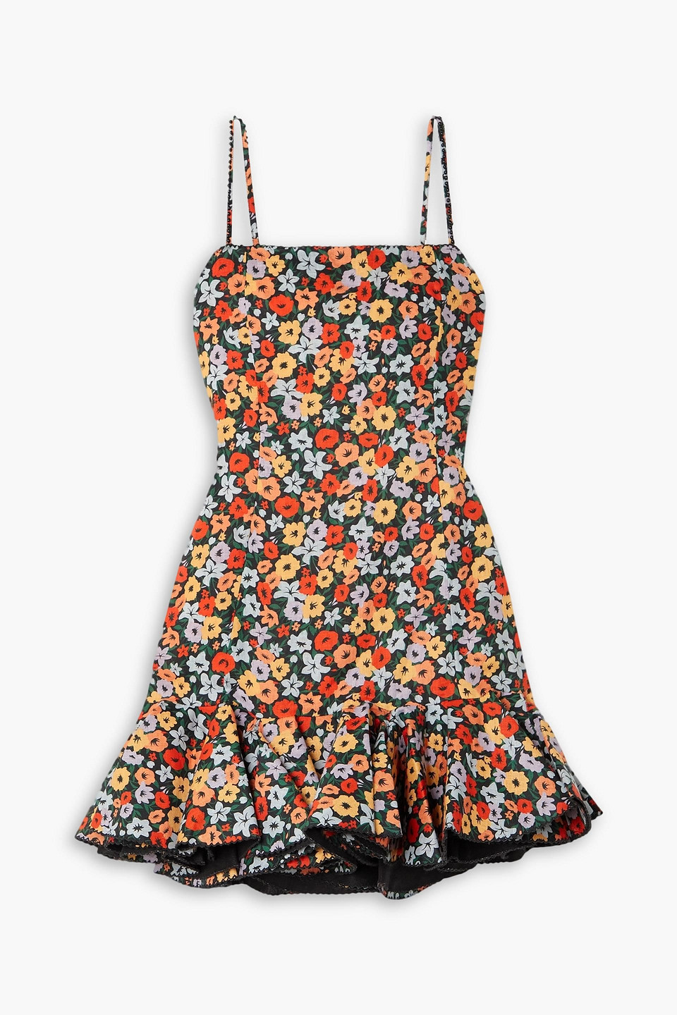 Agua By Agua Bendita Tumbao Ruffled Embellished Floral-print Linen Mini Dress In Multicolor