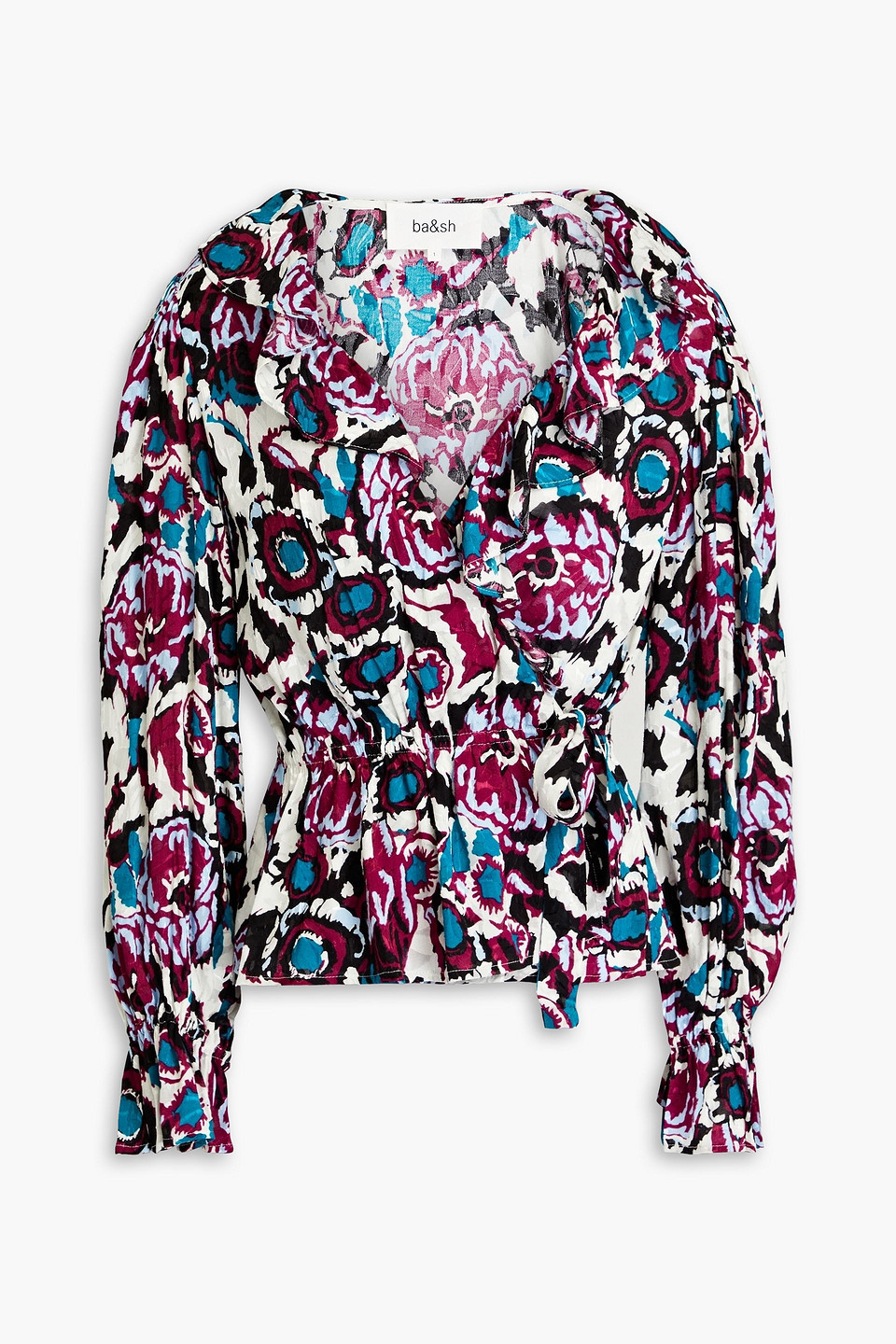 Ba&sh Ruffled Printed Jacquard Wrap Top In Plum