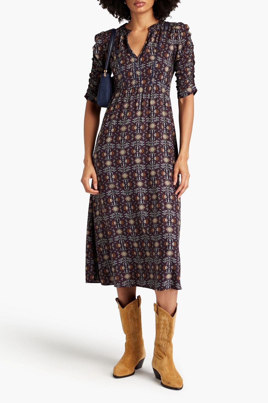 BA&SH Teodora Midikleid aus Webstoff mit Print und Stickereien