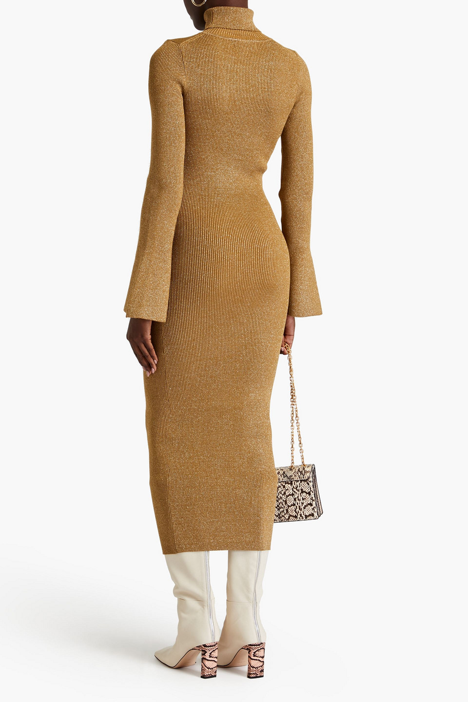 Shop Ronny Kobo Metallic Ribbed-knit Midi Dress In Camel