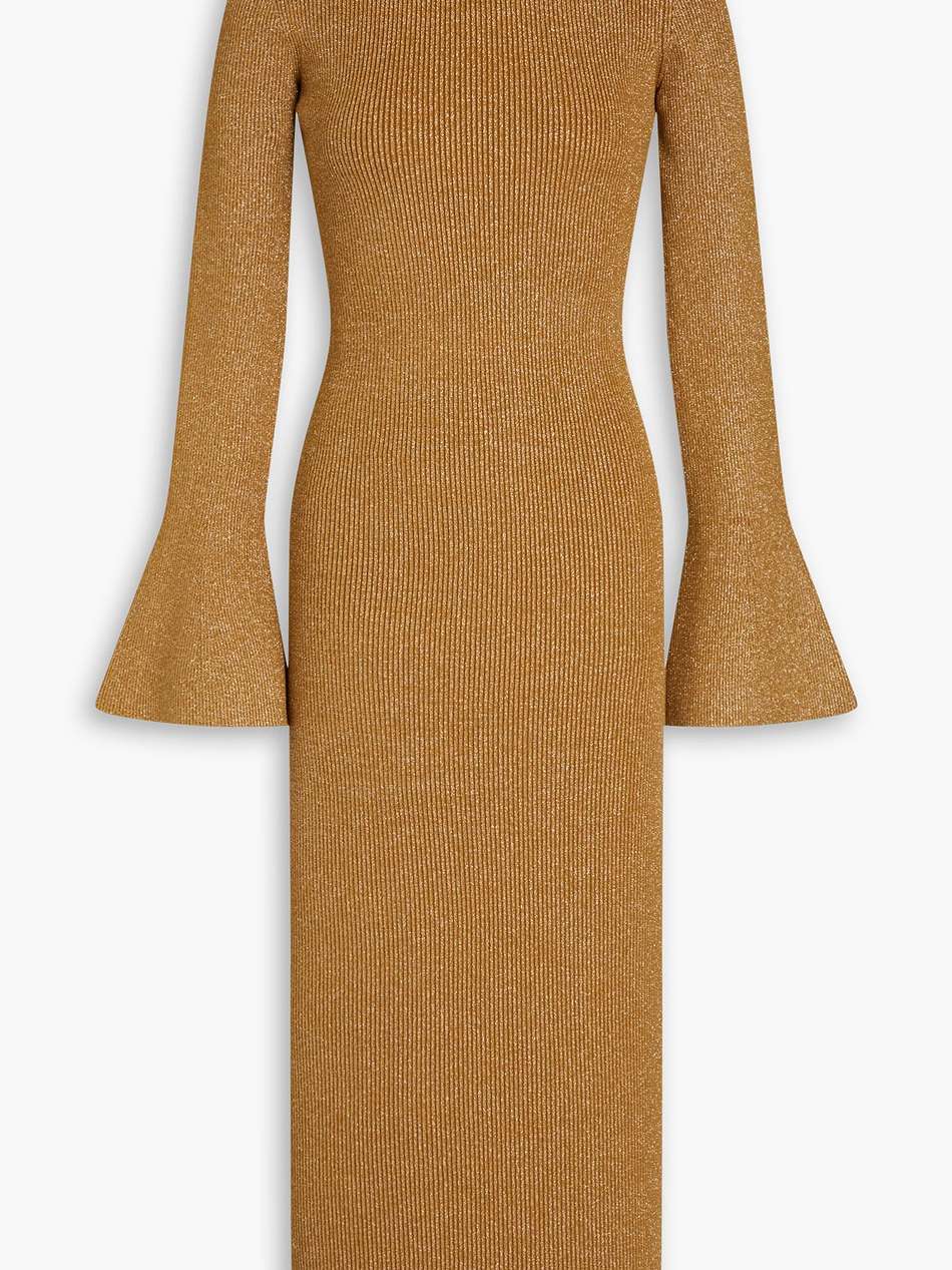 metallic ribbed-knit midi dress