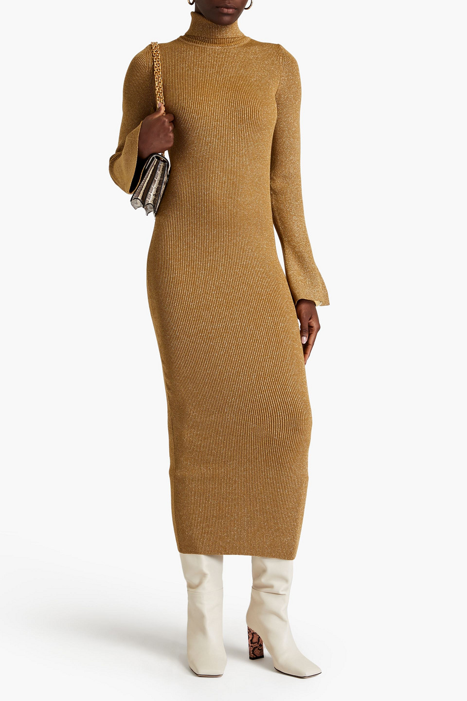 Shop Ronny Kobo Metallic Ribbed-knit Midi Dress In Camel