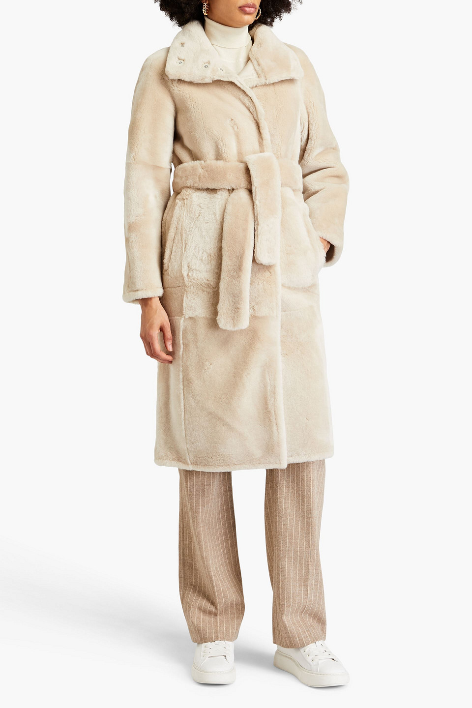 Shop Yves Salomon Belted Shearling Coat In Ecru