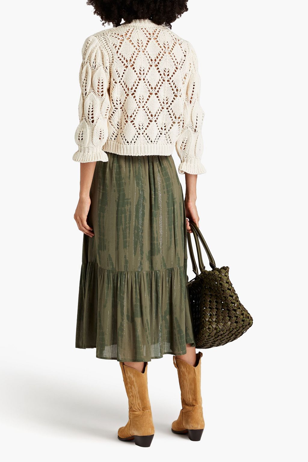 BA&SH Kylie gathered metallic printed crepe midi skirt