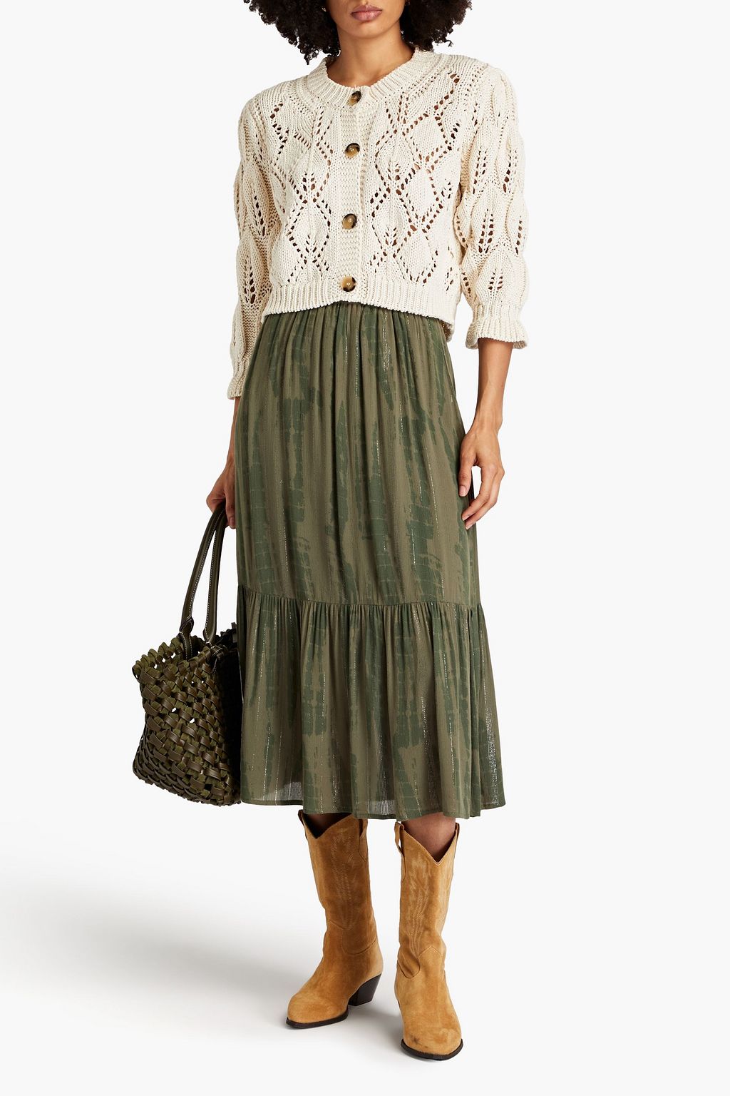 BA&SH Kylie gathered metallic printed crepe midi skirt