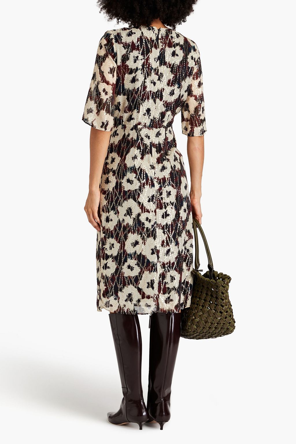 BA&SH Kaz twisted metallic printed fil coupé midi dress
