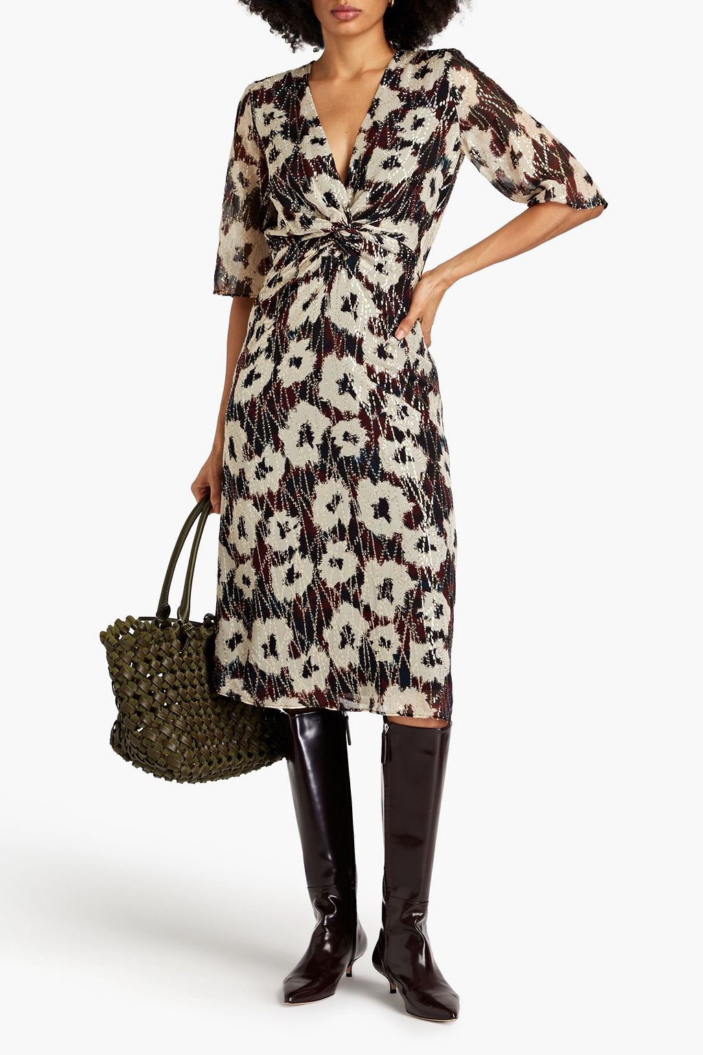 BA&SH Kaz twisted metallic printed fil coupé midi dress