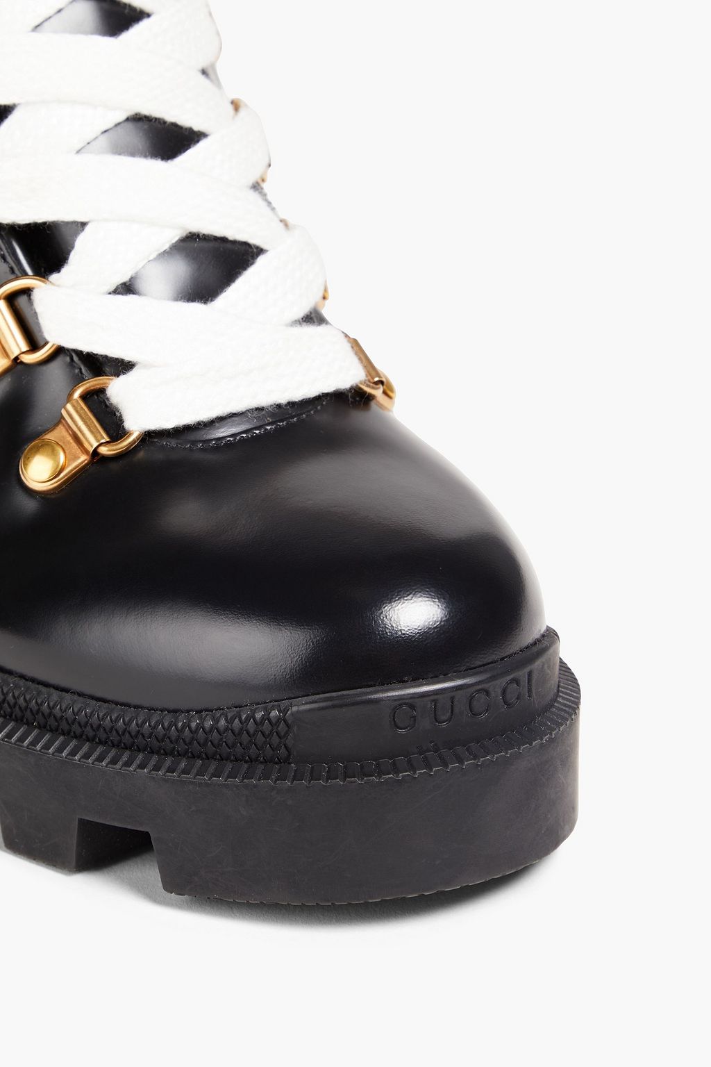 GUCCI Grosgrain-trimmed glossed-leather combat boots