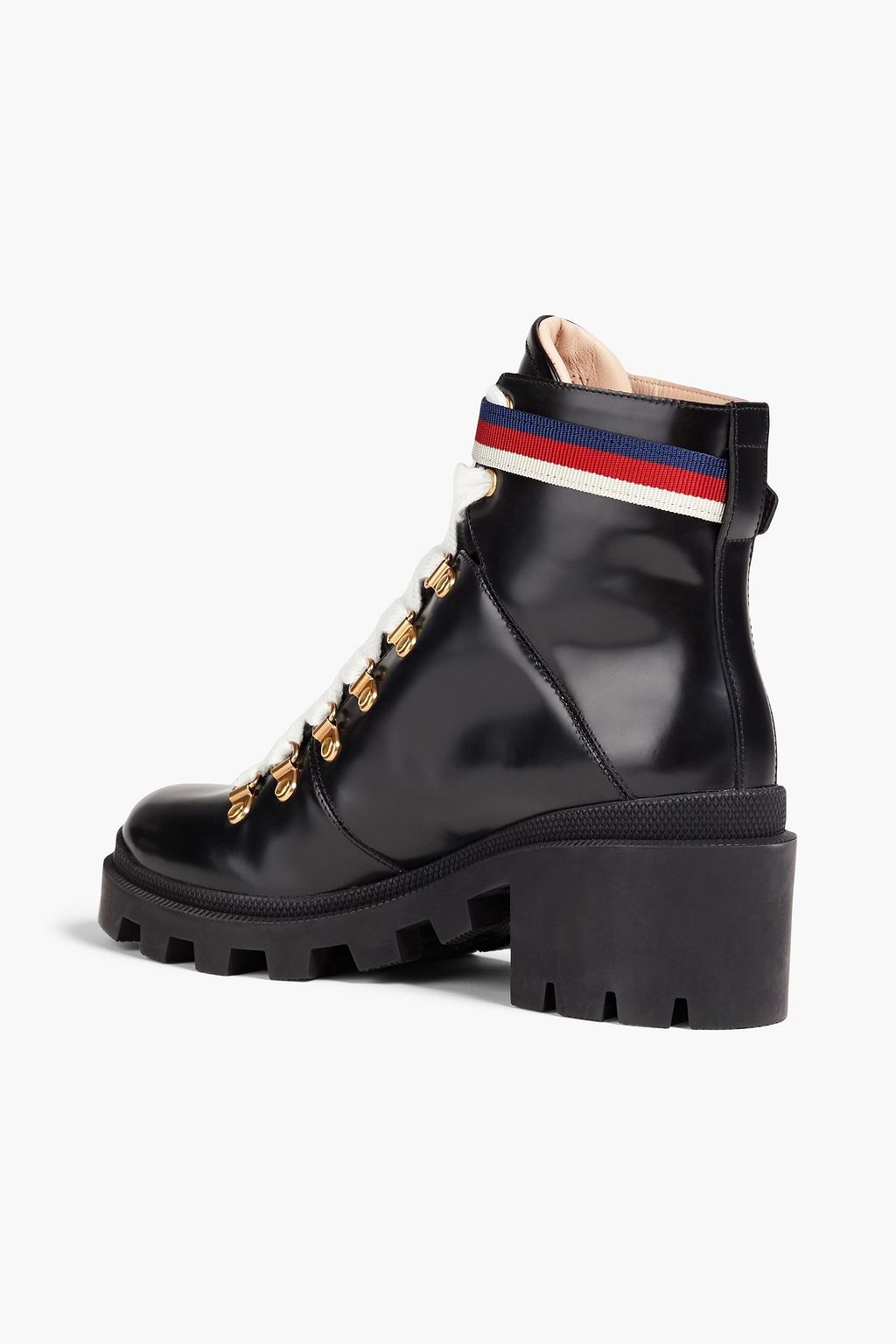 GUCCI Grosgrain-trimmed glossed-leather combat boots