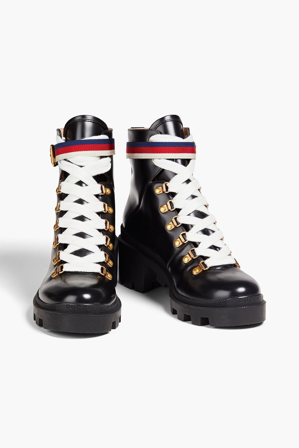 GUCCI Grosgrain-trimmed glossed-leather combat boots