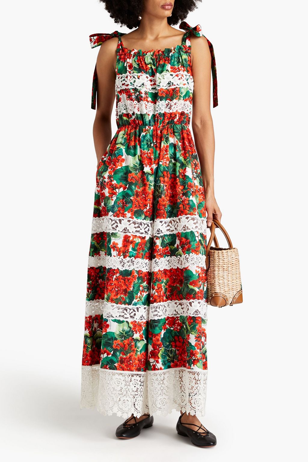 DOLCE&GABBANA Lace-paneled floral-print cotton-blend poplin jumpsuit