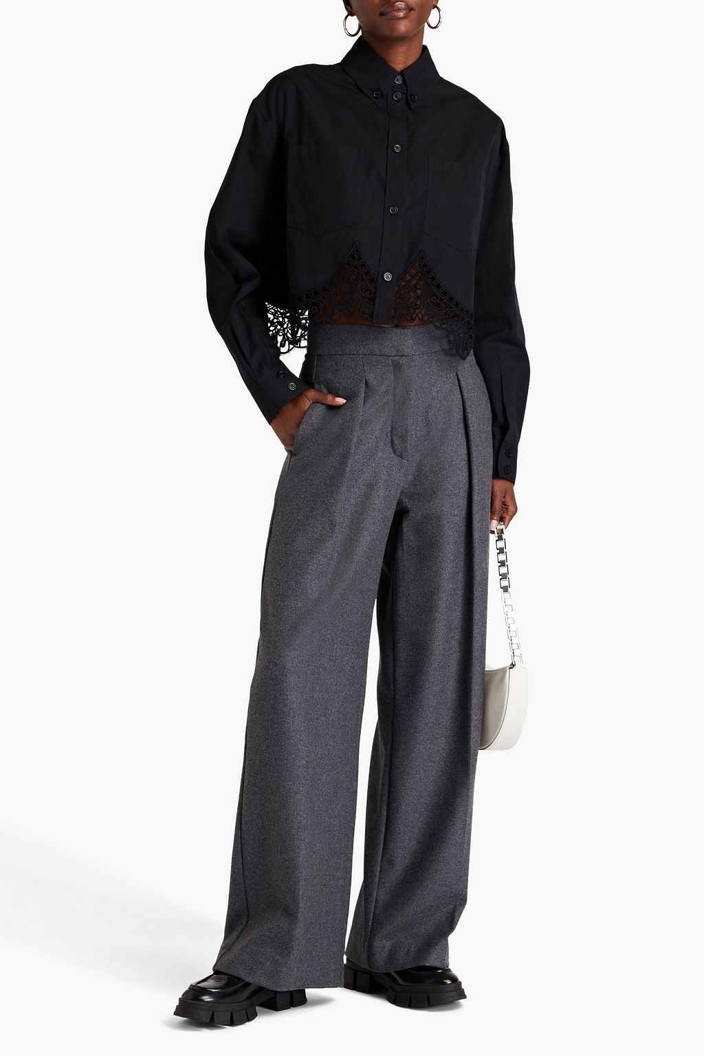 BURBERRY Oversized cropped lace-trimmed cotton-poplin shirt