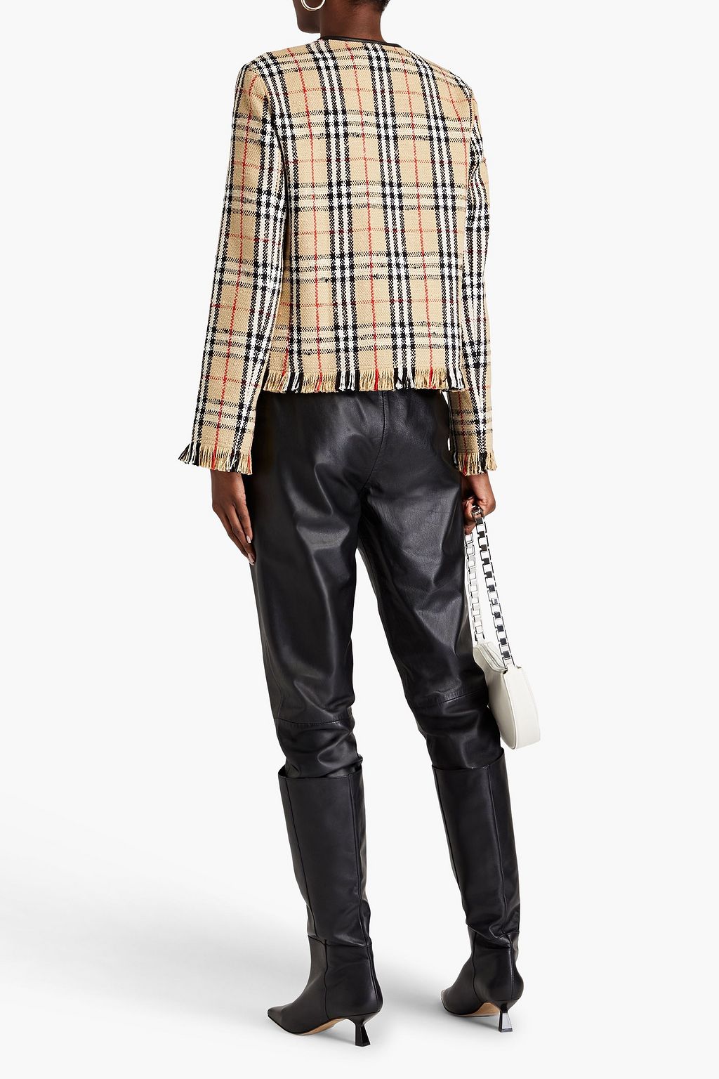 BURBERRY Leather-trimmed checked cotton-blend tweed jacket