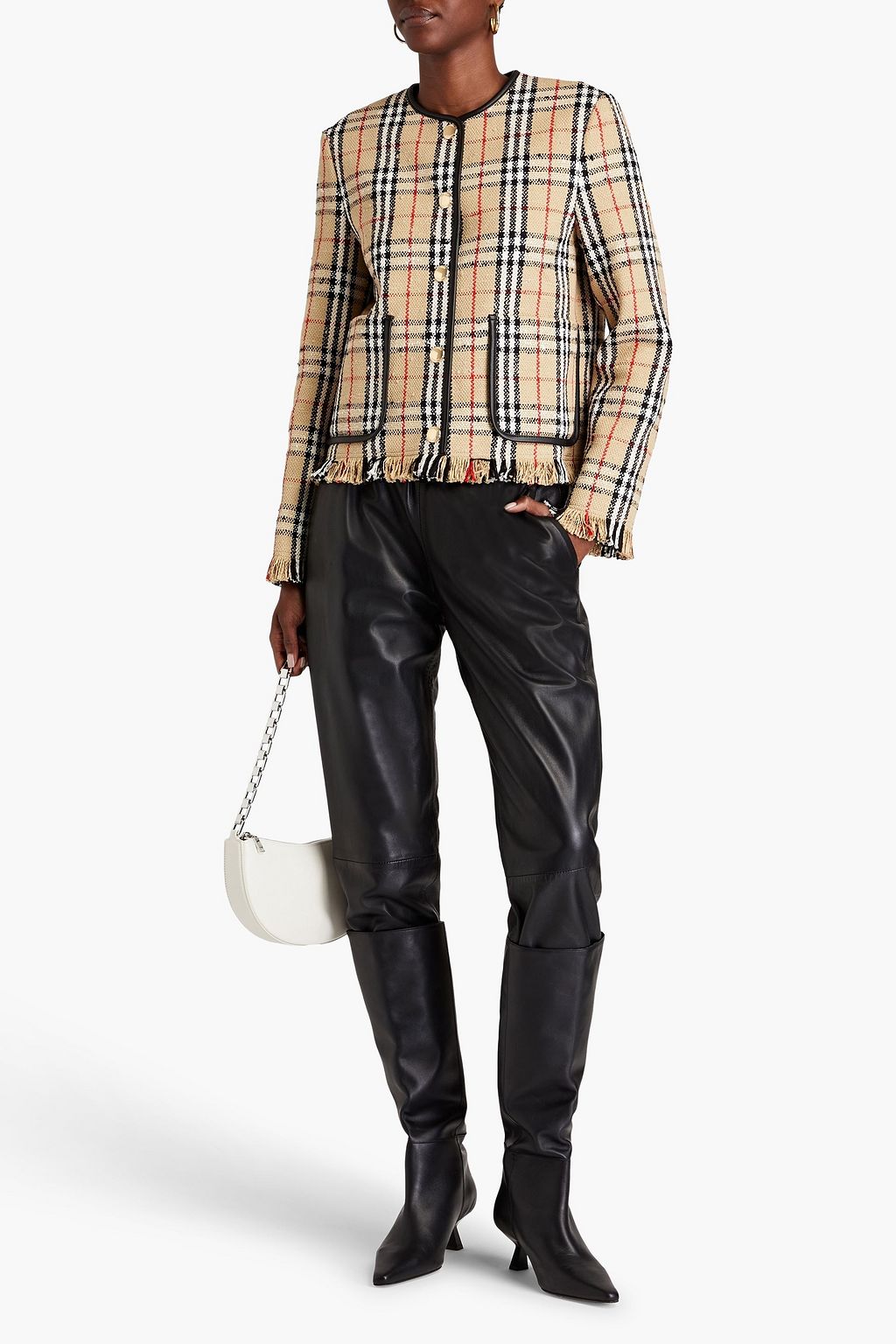 BURBERRY Leather-trimmed checked cotton-blend tweed jacket