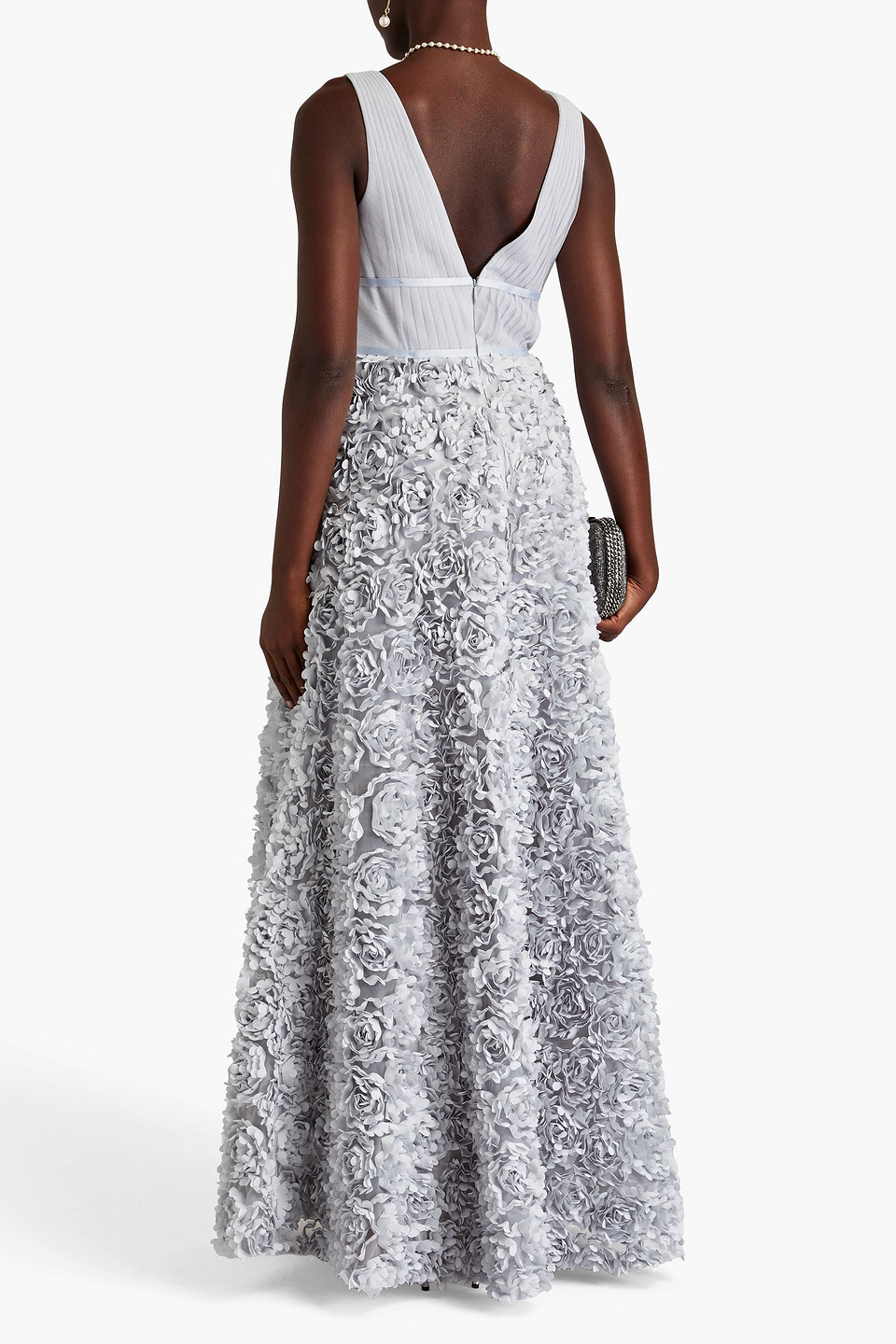 Shop Marchesa Notte Floral-appliquéd Tulle Gown In Slate Blue