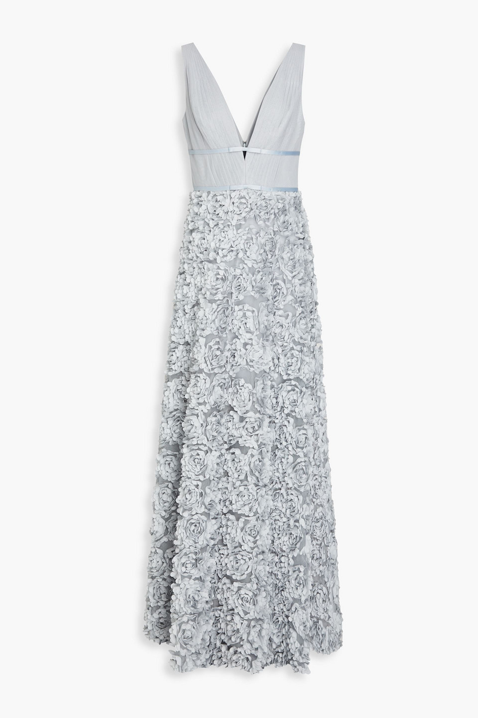 Marchesa Notte Floral-appliquéd Tulle Gown In Slate Blue