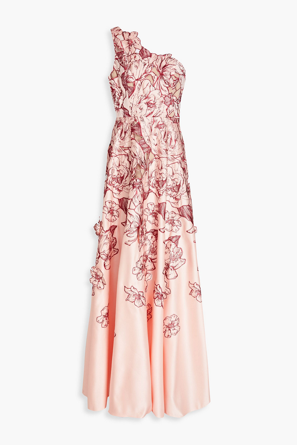 Marchesa Notte Robe Aus Duchesse-satin Mit Stickereien Und Asymmetrischer Schulterpartie In Blush