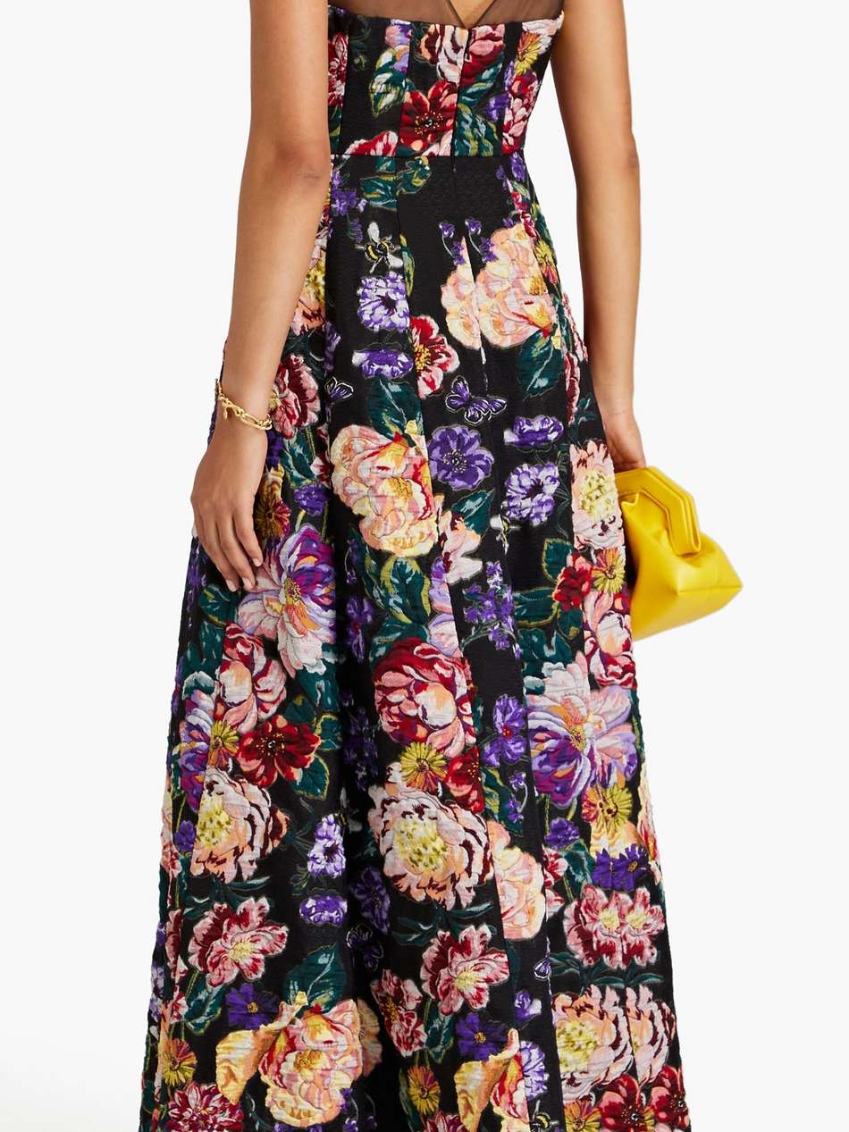 tulle-trimmed floral-jacquard gown