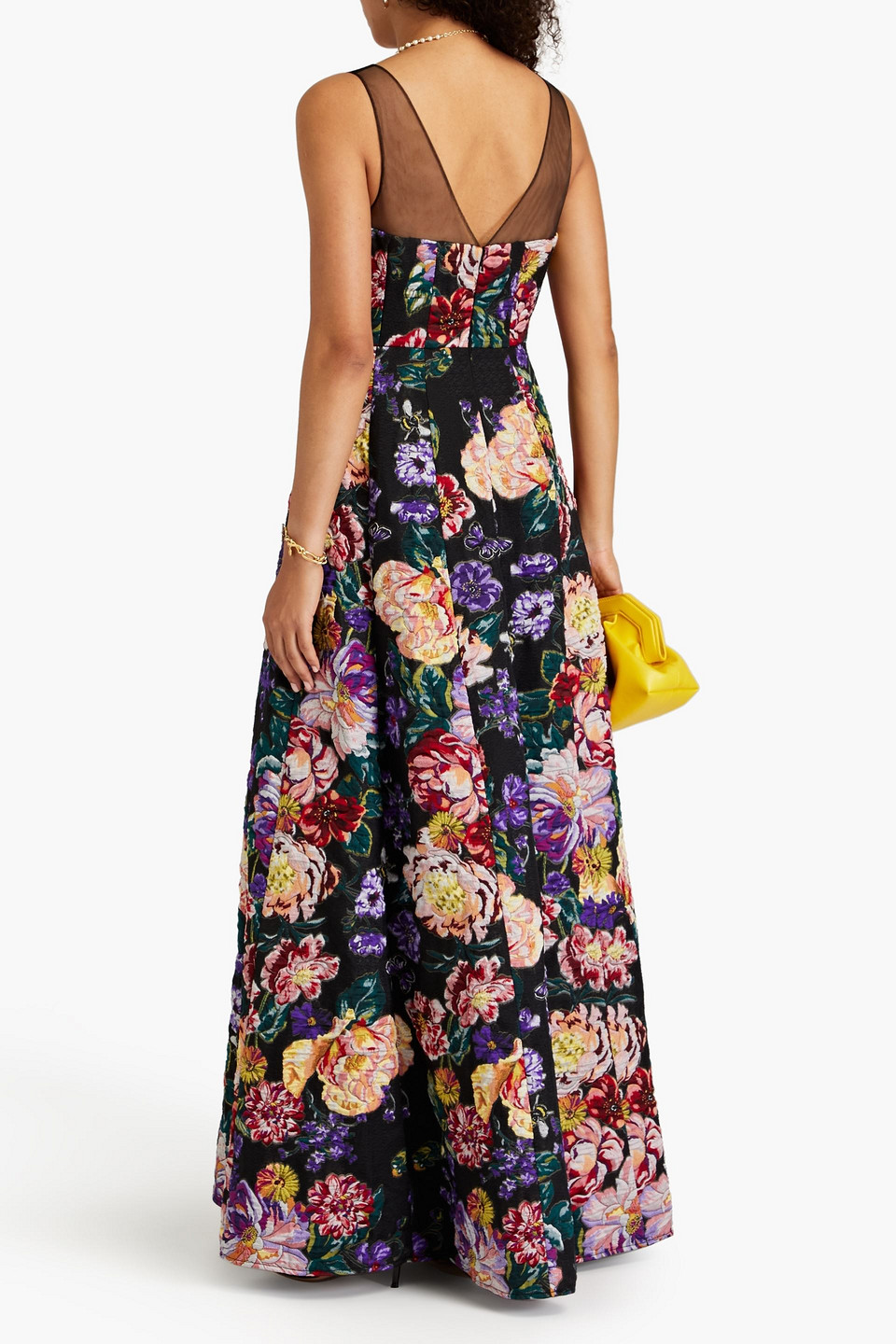 Marchesa Notte Tulle-trimmed Floral-jacquard Gown In Black