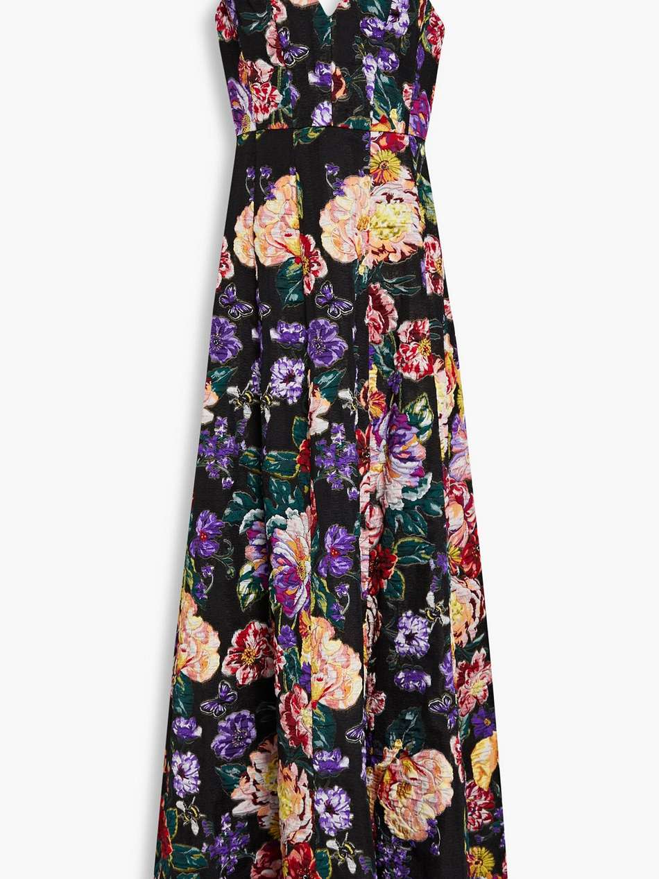 tulle-trimmed floral-jacquard gown