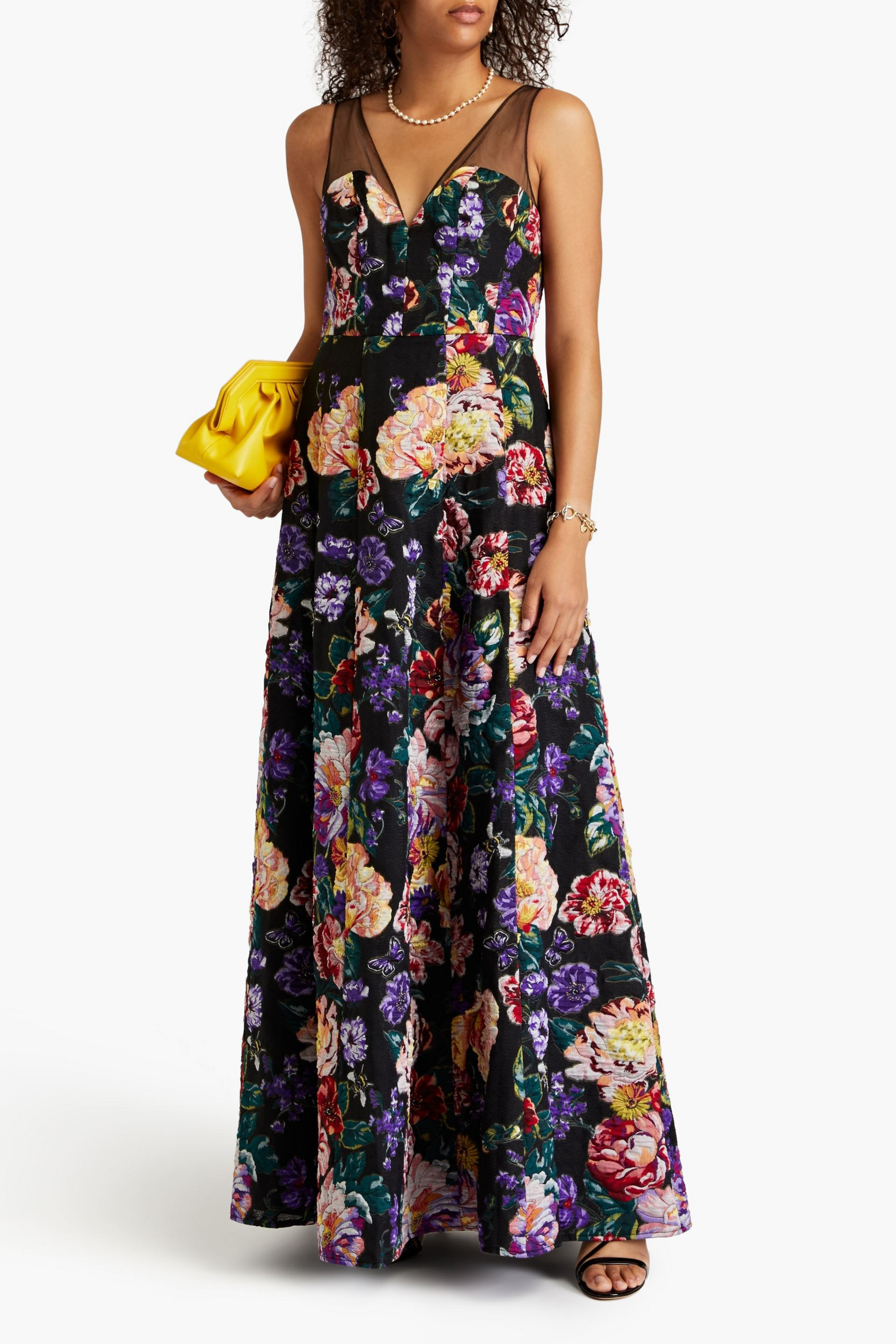 MARCHESA NOTTE Tulle-trimmed floral-jacquard gown