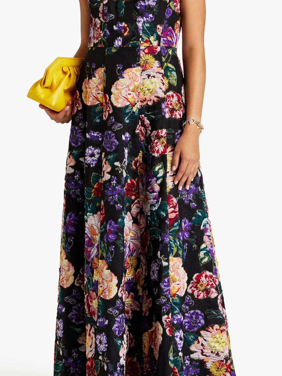 tulle-trimmed floral-jacquard gown