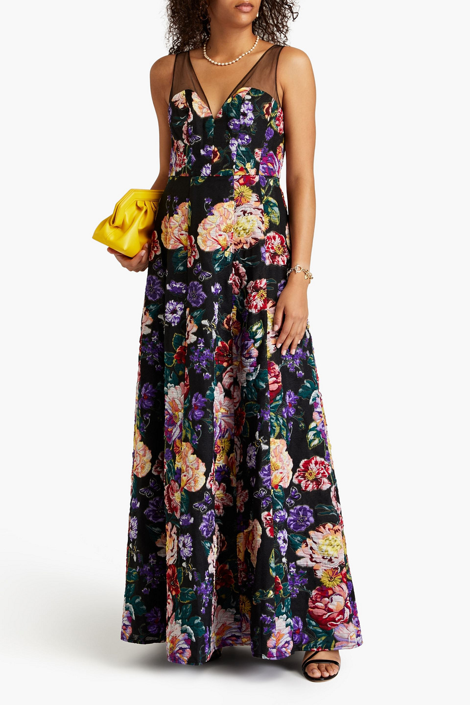 Marchesa Notte Tulle-trimmed Floral-jacquard Gown In Black