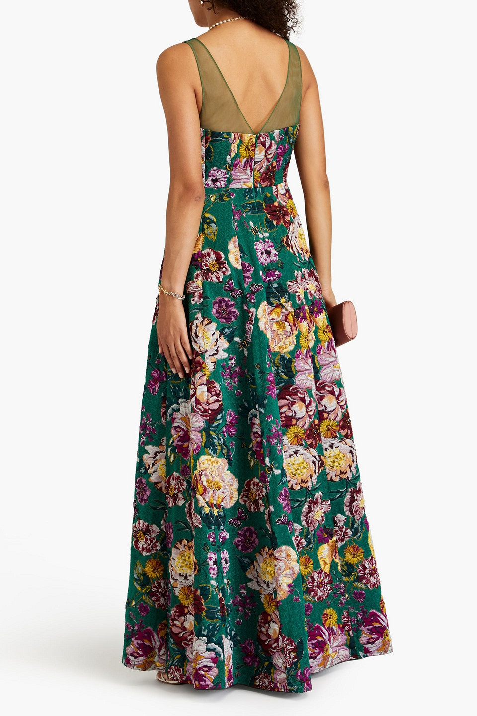 Shop Marchesa Notte Tulle-trimmed Floral-jacquard Gown In Emerald