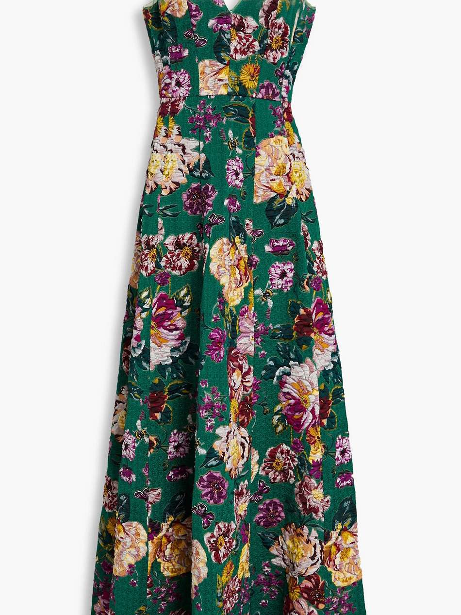 tulle-trimmed floral-jacquard gown