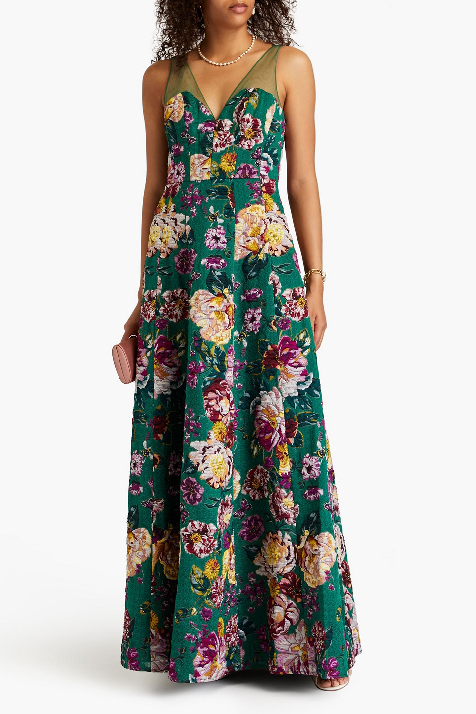 Shop Marchesa Notte Tulle-trimmed Floral-jacquard Gown In Emerald