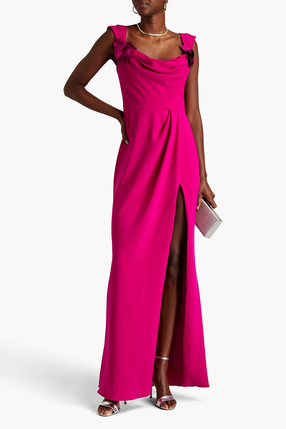 Shop Marchesa Notte Appliquéd Draped Crepe Gown In Magenta