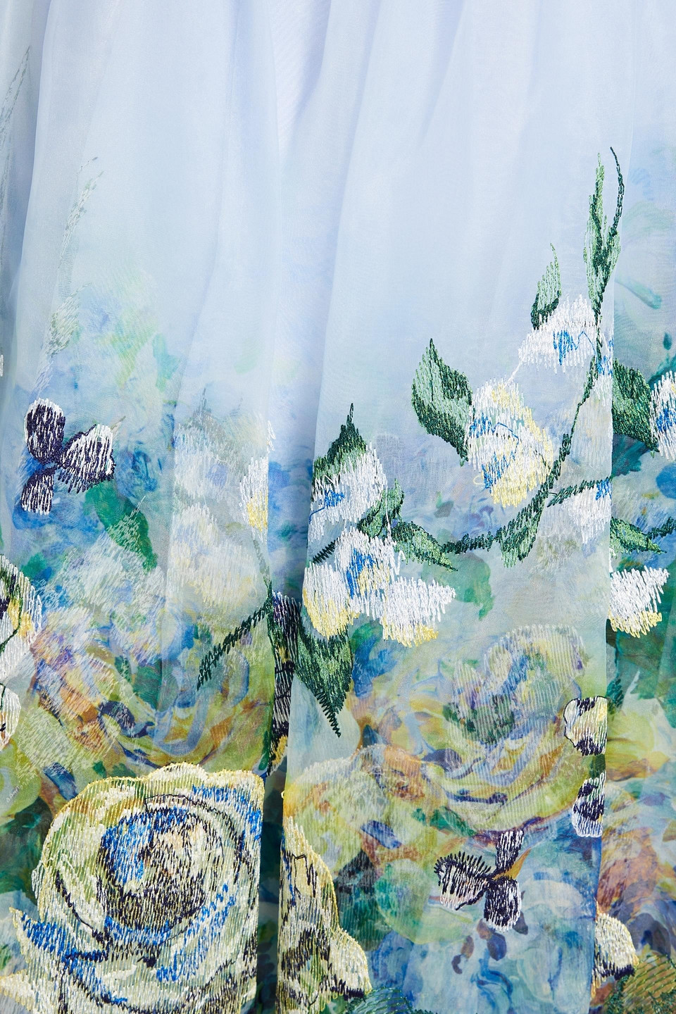 Marchesa Notte Painted Layered Roses Floral Embroidered