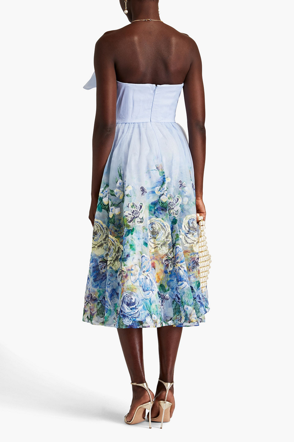 Shop Marchesa Notte Strapless Bow-detailed Floral-print Organza Midi Dress In Light Blue